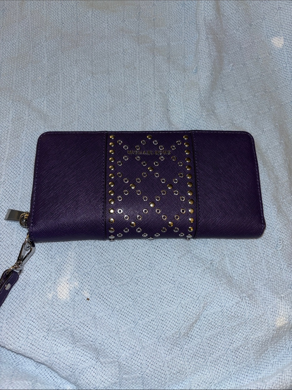 Michael Kors Purple Saffiano Zip Wallet with Gold Stud Accents